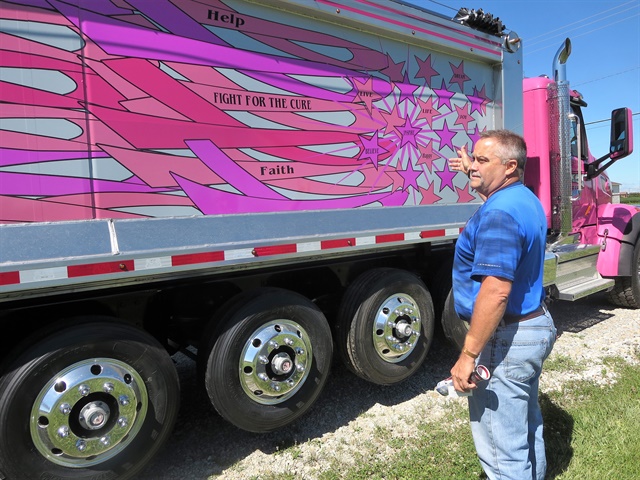 Culbertson collaborated on this "fight for the cure" design for a new Allfab aluminum dump body aboard a Peterbilt 567 chassis.  
