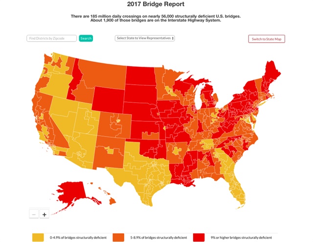 The American Road & Transportation Builders Association published an  interactive map showing the states with the highest percentage of structurally deficient bridges. Source: ARTBA