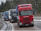 <p><strong>Scania cabover tractor-trailers conduct a platooning test on a track in Europe. </strong><em>Photo: Scania</em></p>