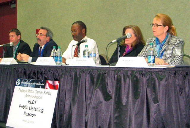 FMCSA Administrator Anne Ferro, right, and a panel of FMCSA officials listen to comments about proposed entry level driver training regulations.